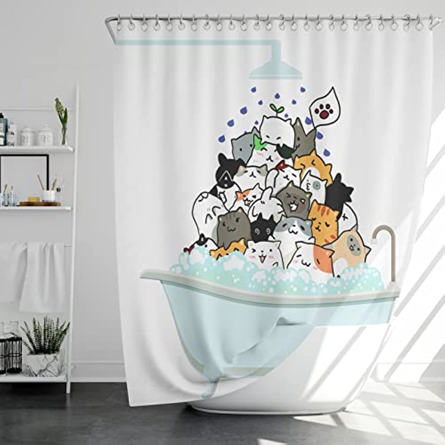 Cute Funny Cats Shower Curtain Kwaii Pets Colorful Hilarious Bath Curtain Cartoon Cat Paw Blue Tub Waterproof Fabric Polyester Curtain for Bathroom  with 12 Hooks  72x72