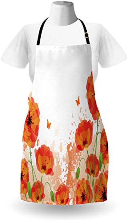 Granbey Poppy Flower Apron  Digital Watercolors Design of Poppy Classic Botany Bouquet Patterns Print  Unisex Kitchen Bib with Adjustable Neck for Cooking Gardening  Adult Size  Orange White