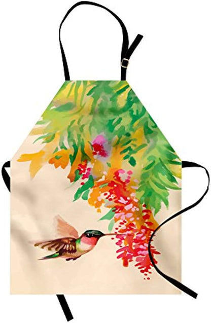 Granbey Hummingbird Apron  Image of Colibri Bird and Flowers Exotic Tree Bloom in Watercolor Effect  Unisex Kitchen Bib with Adjustable Neck for Cooking Gardening  Adult Size  Beige Green