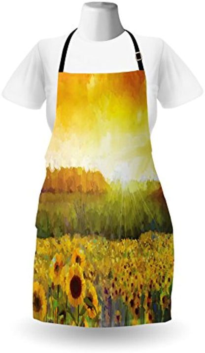 Granbey Sunflower Apron  Landscape a Golden Yellow Field and Distant Hill Sunset Colors Agriculture  Unisex Kitchen Bib with Adjustable Neck for Cooking Gardening  Adult Size  Orange Yellow