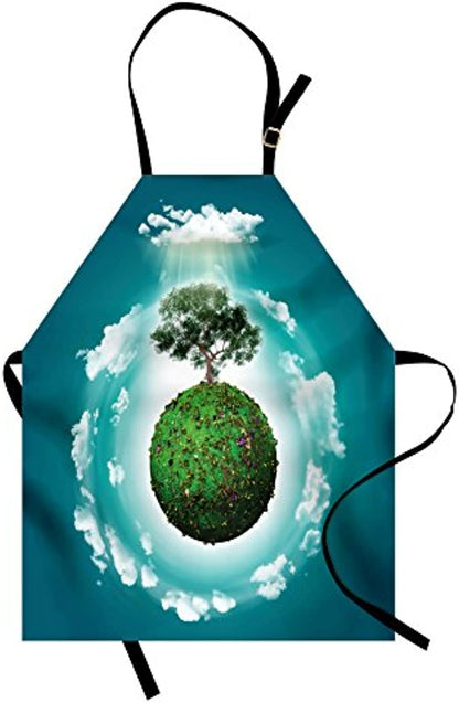 Granbey Tree of Life Apron  Grassy Globe World with Plant Clouds in Air Science Fiction Mother Earth  Unisex Kitchen Bib with Adjustable Neck for Cooking Gardening  Adult Size  Green White