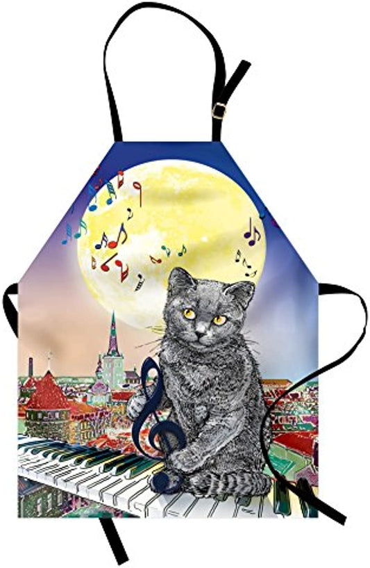 Granbey City Apron  Musical Notes Cat the Keyboard on Rooftops in Night Sky Old Town Full Moon Art Print  Unisex Kitchen Bib with Adjustable Neck for Cooking Gardening  Adult Size  Cream Grey