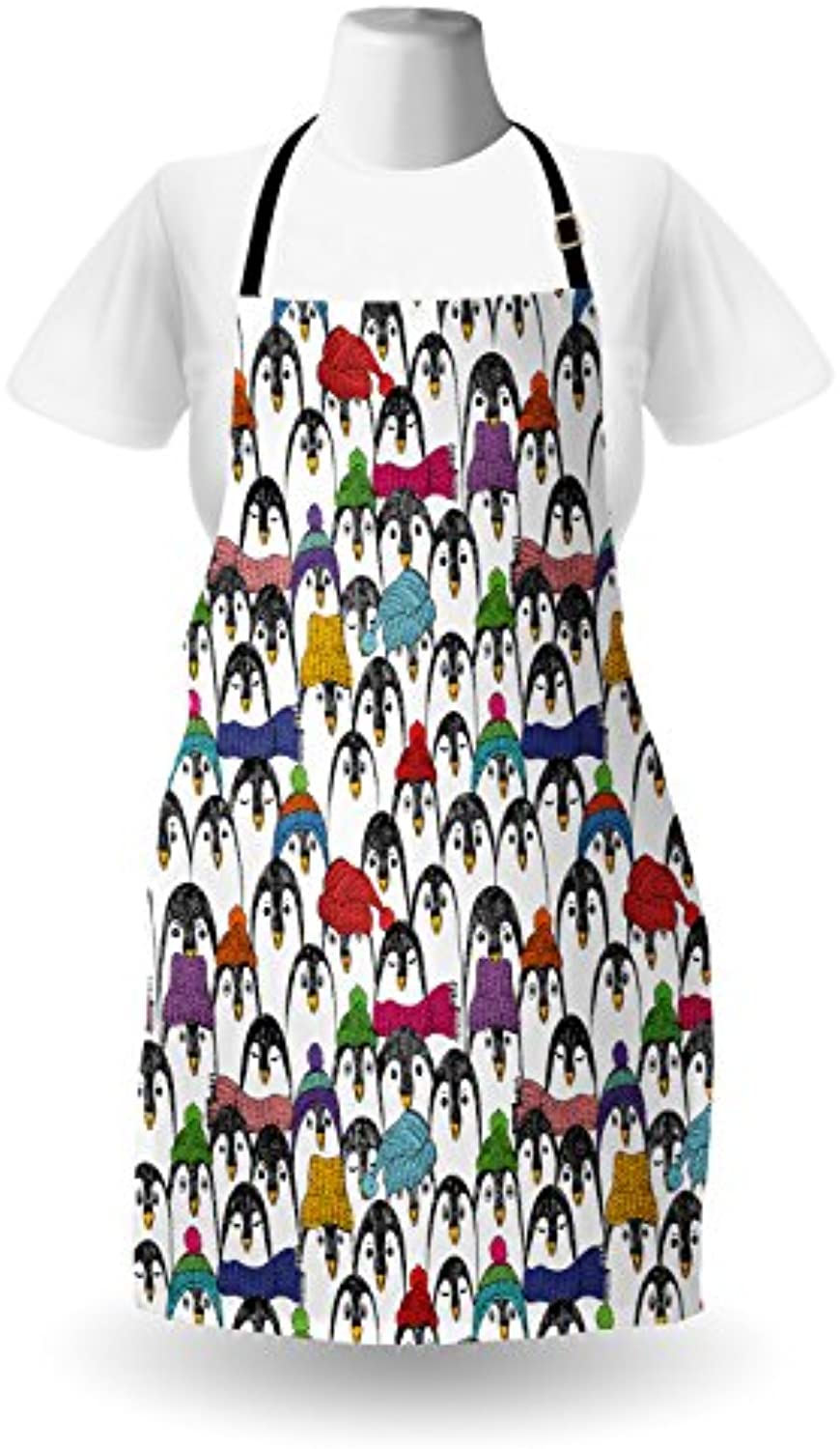 Granbey Sea Animals Apron  Pattern Penguins in Colorful Hats and Scarfs Cold Winter Fun Art  Unisex Kitchen Bib with Adjustable Neck for Cooking Gardening  Adult Size  Black Yellow