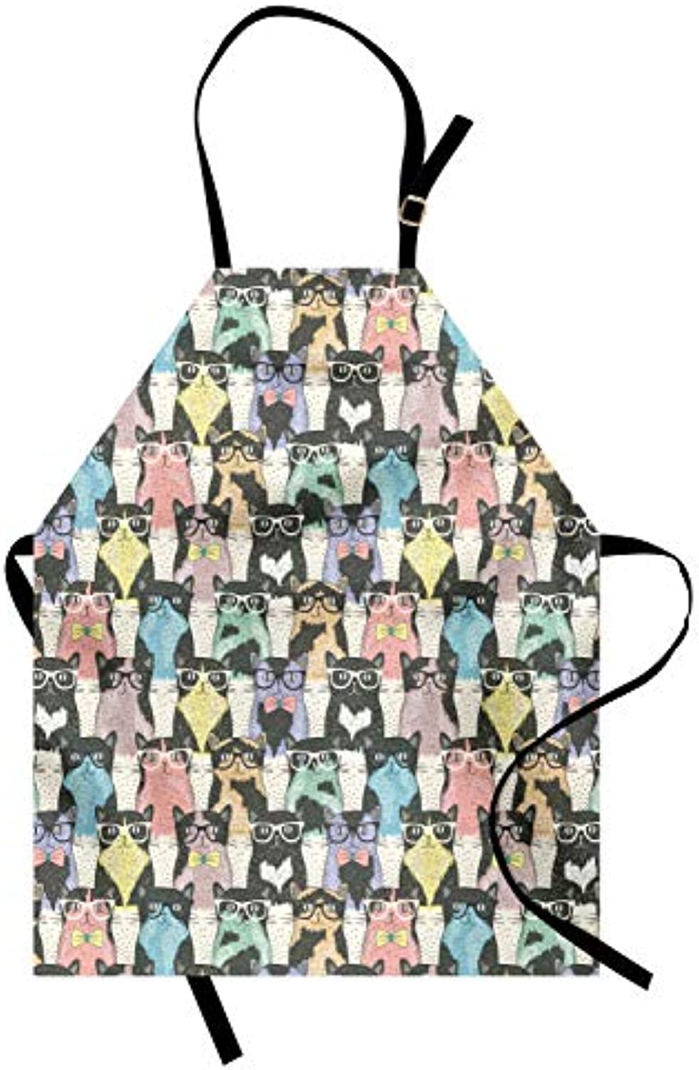 Granbey Funny Cartoon Apron  Theme of Playful Hipster Cats with Glasses Colorful Dotted Designed Print  Unisex Kitchen Bib with Adjustable Neck for Cooking Gardening  Adult Size  Charcoal Grey
