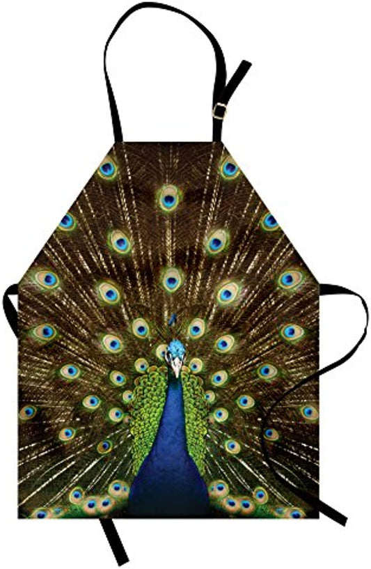 Granbey Peacock Apron  Portrait of Animal Feathers out Vibrant Colors Birds Summer Garden  Unisex Kitchen Bib with Adjustable Neck for Cooking Gardening  Adult Size  Navy Green