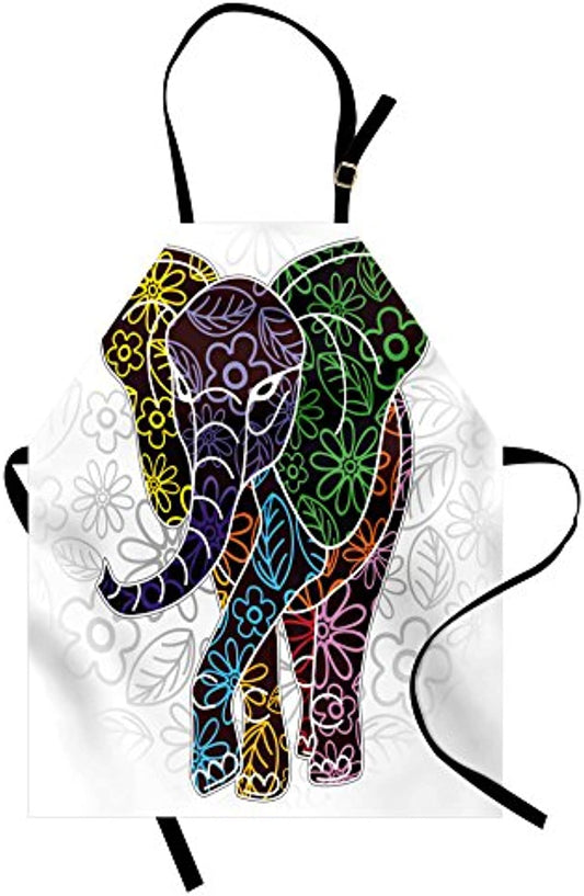 Granbey Batik Apron  Digital Big with Floral Lines and Tribal Shapes Wild Life Theme Image  Unisex Kitchen Bib with Adjustable Neck for Cooking Gardening  Adult Size  White Multicolor