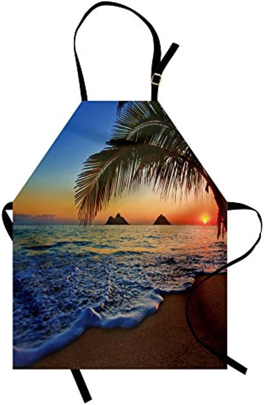 Granbey Hawaiian Apron  Pacific Sunrise at Lanikai Beach Hawaii Wavy Ocean Surface Colorful Sky Scene  Unisex Kitchen Bib with Adjustable Neck for Cooking Gardening  Adult Size  Blue Ivory