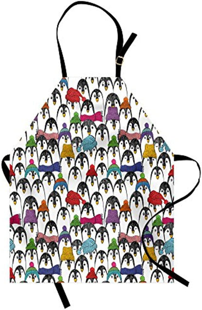 Granbey Sea Animals Apron  Pattern Penguins in Colorful Hats and Scarfs Cold Winter Fun Art  Unisex Kitchen Bib with Adjustable Neck for Cooking Gardening  Adult Size  Black Yellow