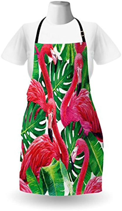 Granbey Flamingo Apron  Flamingos Sitting on Macro Tropic Exotic Leaves Graphic in Retro Style Art  Unisex Kitchen Bib with Adjustable Neck for Cooking Gardening  Adult Size  Pink Green
