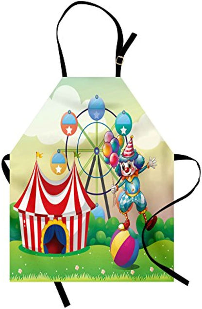 Granbey Circus Apron  Illustration of a Clown Balancing Above an Inflatable Ball at the Carnival Print  Unisex Kitchen Bib with Adjustable Neck for Cooking Gardening  Adult Size  Green Red