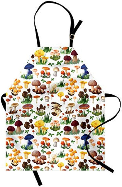 Granbey  Mushroom Apron  Pattern Types of Mushrooms Wild Species Natural Organic Food Garden Theme  Unisex Kitchen Bib with Adjustable Neck for Cooking Gardening  Adult Size  Yellow White
