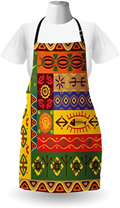 Granbey African Apron  Abstract West Folk Art Forms Unique Lines Print  Unisex Kitchen Bib with Adjustable Neck for Cooking Gardening  Adult Size  Orange Yellow