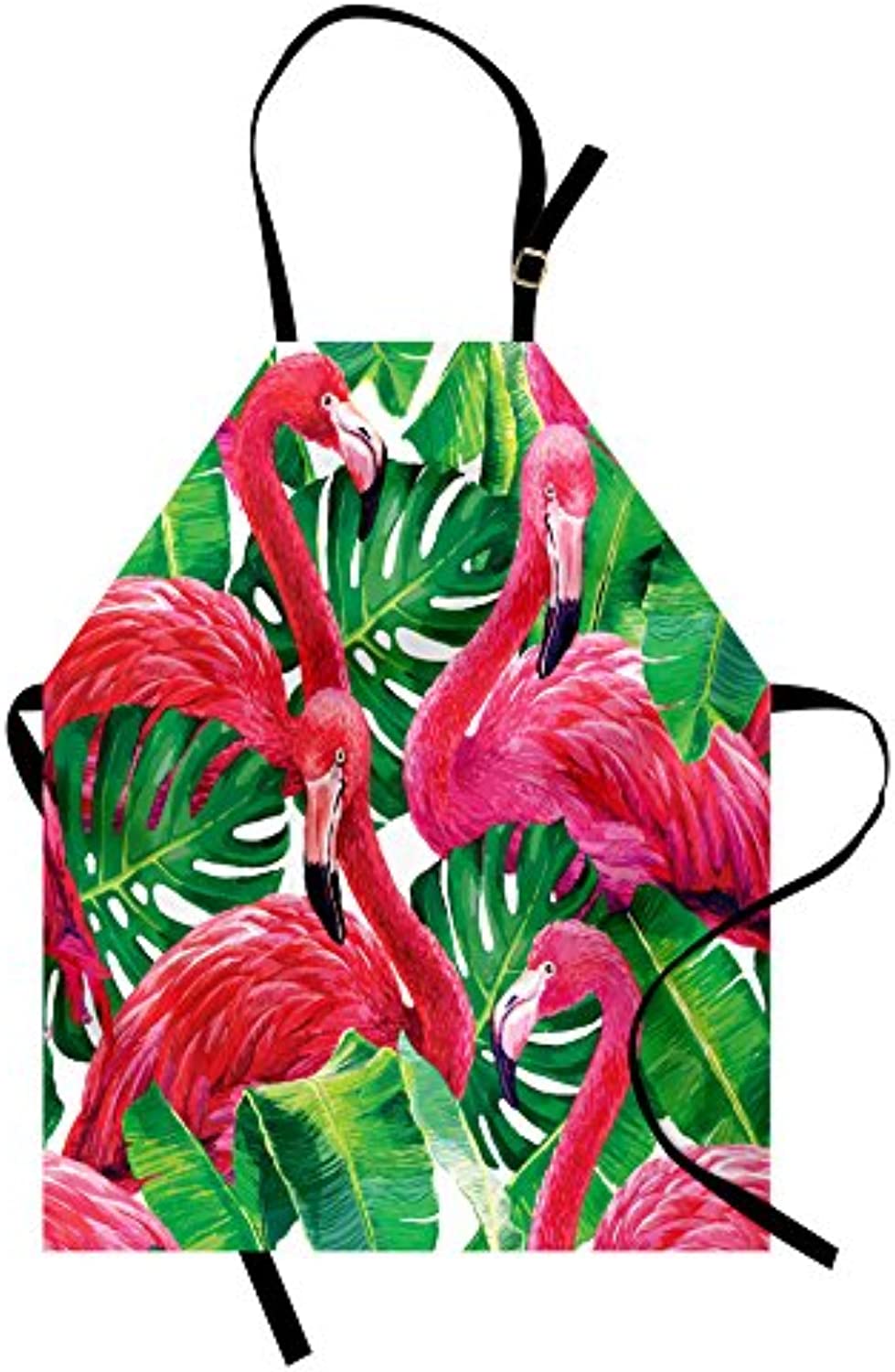 Granbey Flamingo Apron  Flamingos Sitting on Macro Tropic Exotic Leaves Graphic in Retro Style Art  Unisex Kitchen Bib with Adjustable Neck for Cooking Gardening  Adult Size  Pink Green