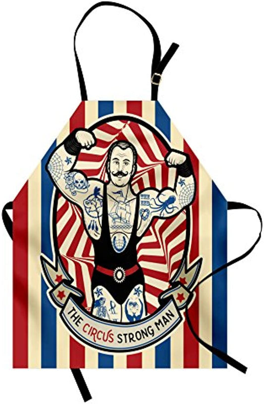 Granbey Circus Apron  Nostalgic the Strong Man Tattoos and Muscles Star Fun Art Print  Unisex Kitchen Bib with Adjustable Neck for Cooking Gardening  Adult Size  Beige Red