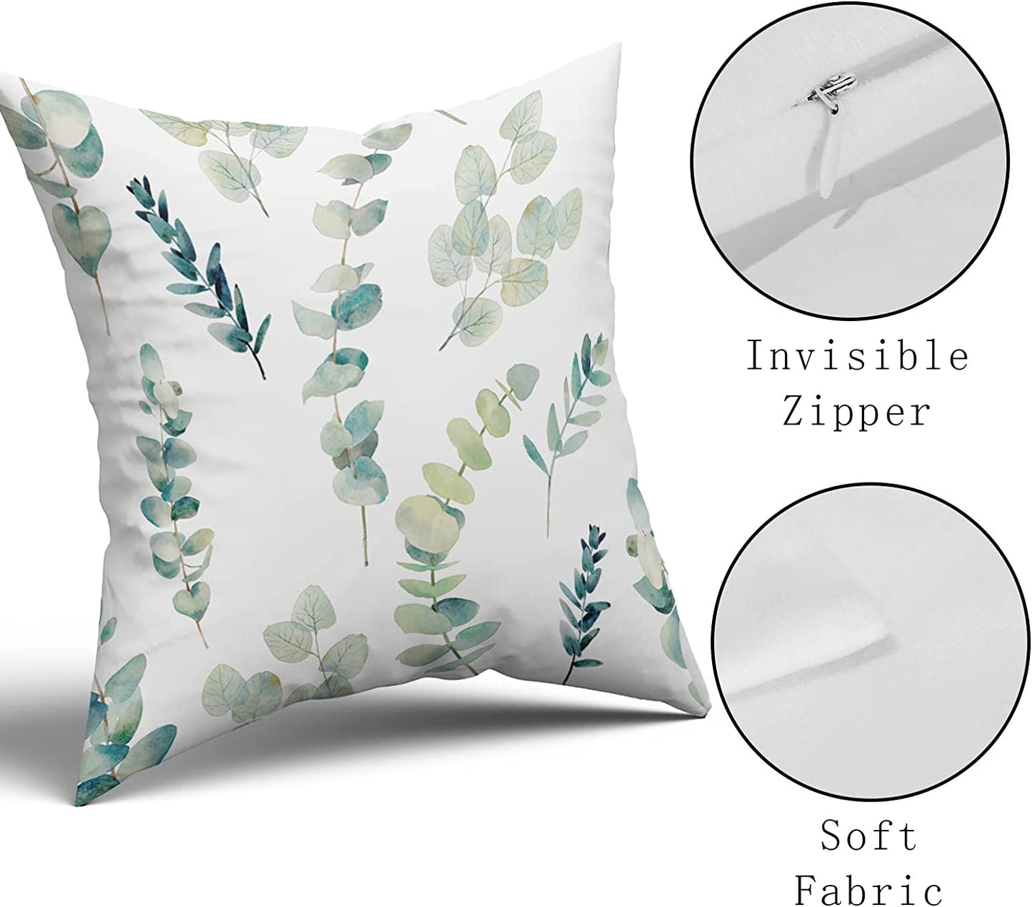 Sage Green Pillow Covers 18X18 Inch Eucalyptus Branches Floral Watercolor Decorative Green Leaf Print Throw Pillow for Home Sofa Cotton Seafoam Blue Green Gray Square Cushion Pillowscase  Set of 2