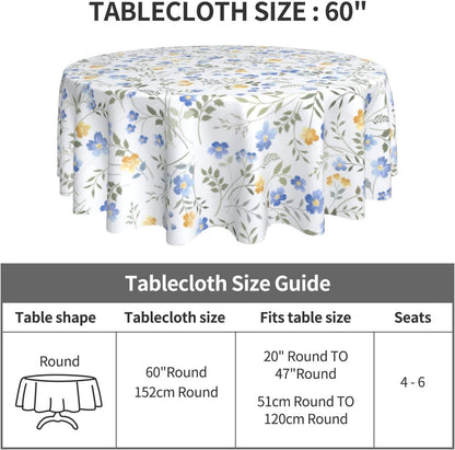 Wavverom Blue Yellow Floral Leaf Round Tablecloth 60 Inch Summer Spring Wildflower Table Clothes Watercolor Flowers Tablecloths Washable Circle Table Cover for Picnic Dining Room Home Outdoor Decor