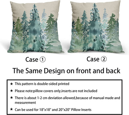 Sivirary Watercolor Blue Green Tree Pillow Covers 18x18 Set of 2 Rustic Style Nature Forest Print Decorative Throw Pillows Winter Christmas Square Linen Cushion Case for Home Sofa Couch Bed Outdoor