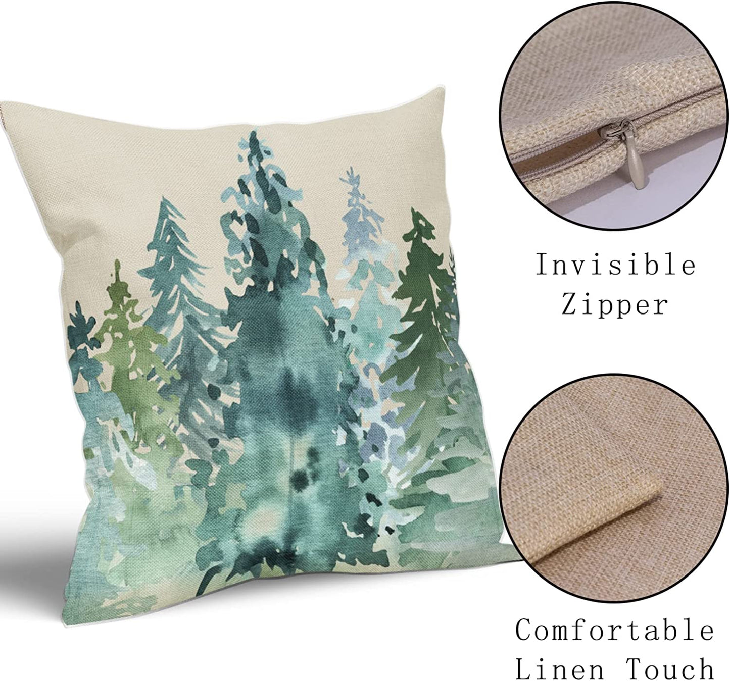 Sivirary Watercolor Blue Green Tree Pillow Covers 18x18 Set of 2 Rustic Style Nature Forest Print Decorative Throw Pillows Winter Christmas Square Linen Cushion Case for Home Sofa Couch Bed Outdoor