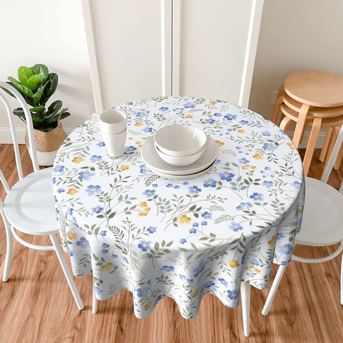 Wavverom Blue Yellow Floral Leaf Round Tablecloth 60 Inch Summer Spring Wildflower Table Clothes Watercolor Flowers Tablecloths Washable Circle Table Cover for Picnic Dining Room Home Outdoor Decor