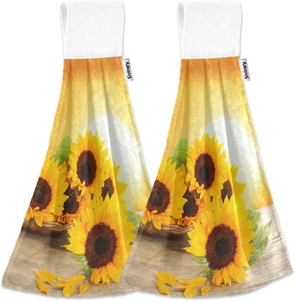 Sivirary 2 Pieces Sunrise Sunflowers Hand Towel Yellow Sunflower Hanging Towels Sunflower Floral Dish Towels Soft Fast Drying Sunflower Towels for Kitchen Bathroom Toilet Home Decorative 12x17in