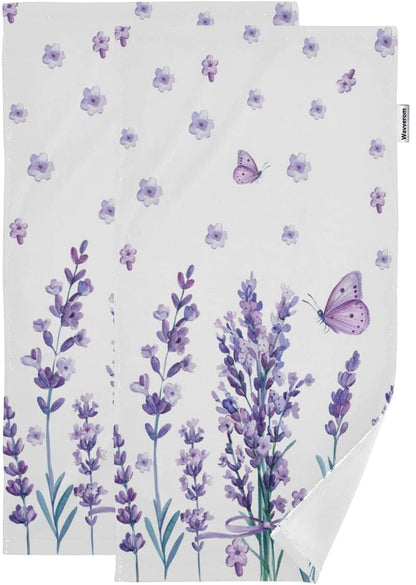 Wavverom Lavender Flower Hand Towels Purple Butterfly Guest Towels Set of 2 Small Bath Towels Soft Dish Towels for Bathroom Kitchen Gym Decor